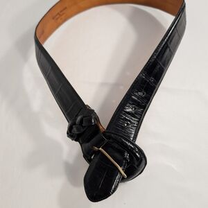 Brighton Black Embossed Calfskin on Saddle Leather Belt & Leather Covered Buckle